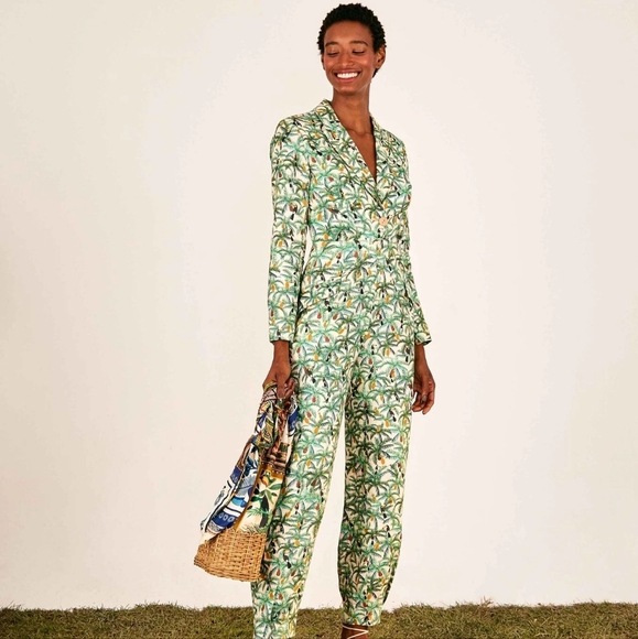 FARM RIO Mini Toucans Blazer Floral-print Green Jumpsuit